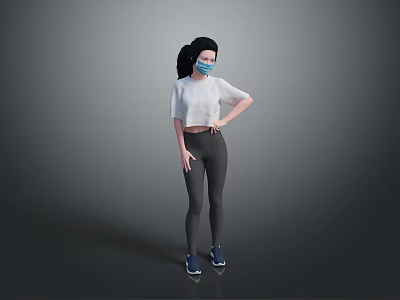 Child With Black Ponytail Wearing Mask White Top Black Leggings Blue Sneakers Gray Background 3d model