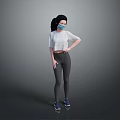 Child With Black Ponytail Wearing Mask White Top Black Leggings Blue Sneakers Gray Background