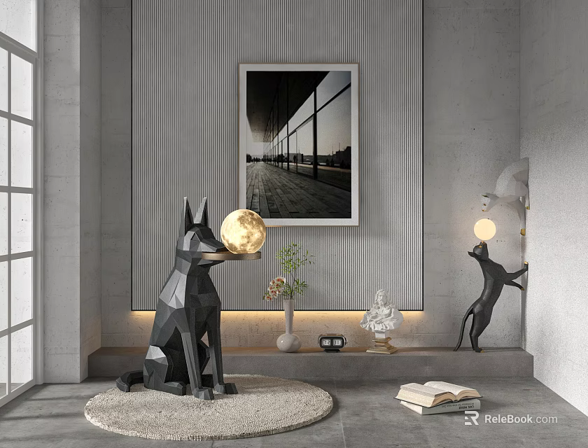Geometric Dog Shaped Floor Lamp in Modern Interior With Gray Striped Wall and Framed Artwork 3d model 