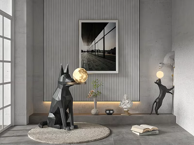 Geometric Dog Shaped Floor Lamp in Modern Interior With Gray Striped Wall and Framed Artwork 3d model