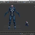 Sci Fi Game Character in Blue Black Armor Red Glowing Head Metallic Texture Small Mechanical Devices 3d model