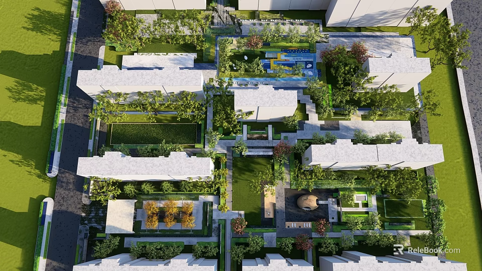 Residential Landscape Design Featuring Greenery Pool And Modern Building Layout 3d model