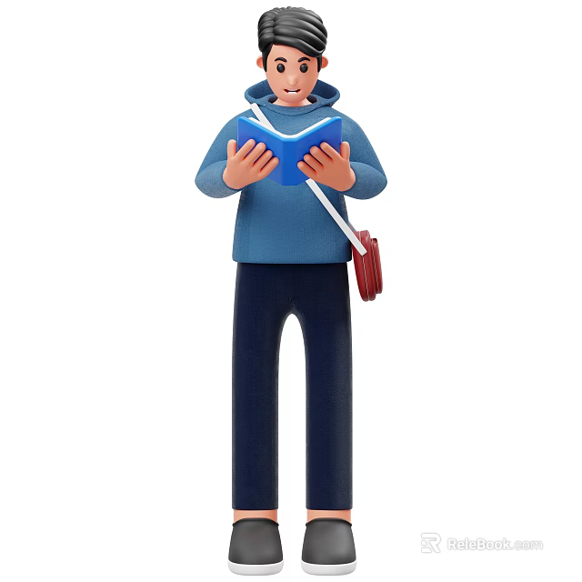 A Man Reading Blue Book Wearing Blue Jacket Dark Pants And Red Bag 3d model 