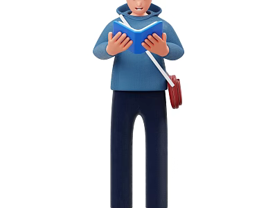 A Man Reading Blue Book Wearing Blue Jacket Dark Pants And Red Bag 3d model