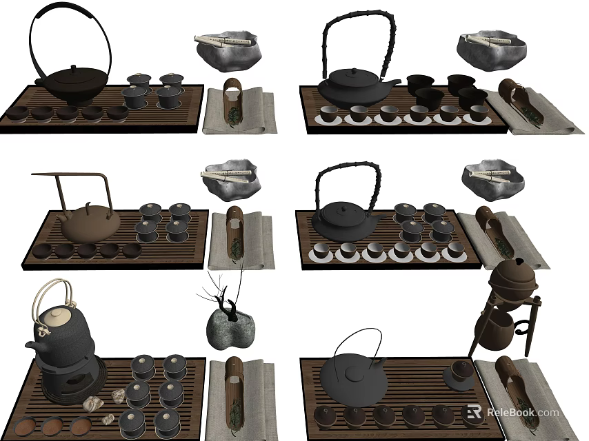 Various Traditional Tea Sets With Teapot Cups And Wooden Serving Trays 3d model 