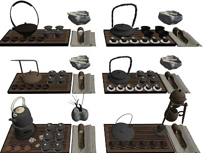 Various Traditional Tea Sets With Teapot Cups And Wooden Serving Trays 3d model