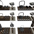 Various Traditional Tea Sets With Teapot Cups And Wooden Serving Trays