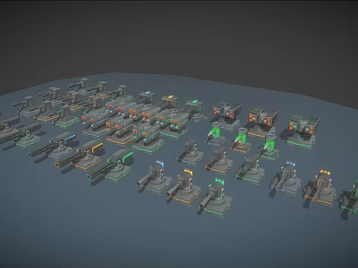 Various Weapon Models With Different Firearms And Green Orange Indicators Arranged On Gray Platform 3d model