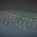 Various Weapon Models With Different Firearms And Green Orange Indicators Arranged On Gray Platform