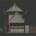 Traditional Chinese Architecture Model With Gray Tile Roof Wooden Structure And Red Lanterns