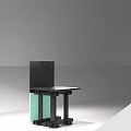 Modern Dining Table Set With Black Tabletop Green Transparent Glass Column Supports And Black Chairs