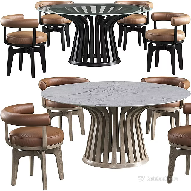 Modern Round Dining Table Set With Marble Top Brown Leather Chairs And Unique Base Design 3d model