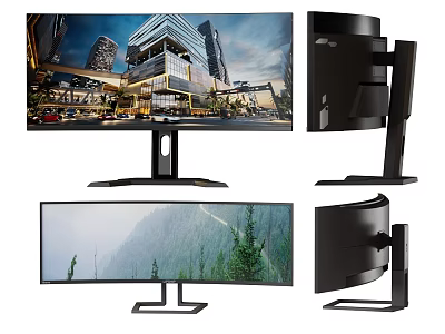 Sleek Computer Monitors Displaying Landscape City Views With Curved Screens And Modern Stands 3d model