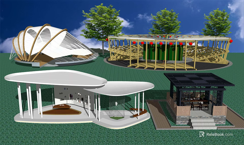 Outdoor Wooden Pergola With Decorative Top On Green Lawn Surrounded By Trees 3d model 