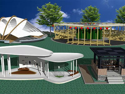 Outdoor Wooden Pergola With Decorative Top On Green Lawn Surrounded By Trees 3d model