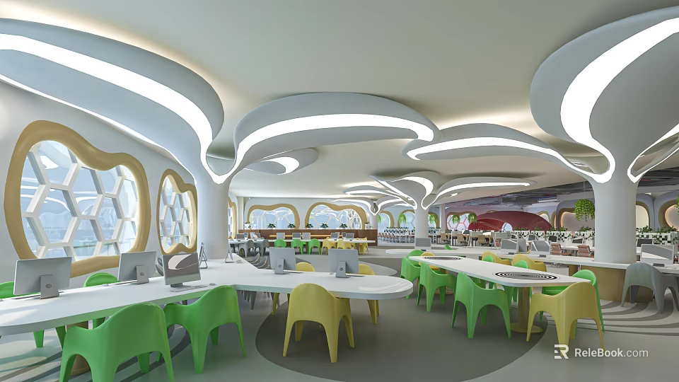 Modern Public Office Space With Round Tables Green And Yellow Chairs Curved Lighting Hexagonal Windows 3d model 