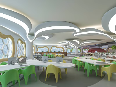 Modern Public Office Space With Round Tables Green And Yellow Chairs Curved Lighting Hexagonal Windows 3d model