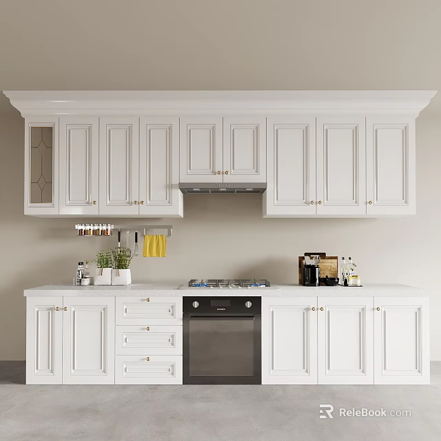 Modern Kitchen Interior With White Upper Lower Cabinets Glass Panel Doors Golden Handles And Stove 3d model 