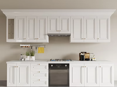 Modern Kitchen Interior With White Upper Lower Cabinets Glass Panel Doors Golden Handles And Stove 3d model