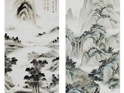 Traditional Chinese Landscape Painting With Misty Mountains Flowing Water And Pine Trees 3d model