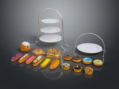 Colorful Assorted Pastries on Metal Stands with White Plates and Various Desserts 3d model