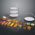 Colorful Assorted Pastries on Metal Stands with White Plates and Various Desserts