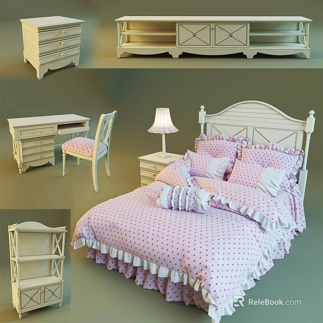 Cozy Double Bed With Pink Polka Dot Bedspread Pillows Ruffled Edges Wooden Nightstand And Lamp 3d model 