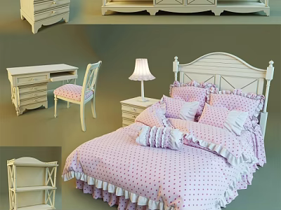 Cozy Double Bed With Pink Polka Dot Bedspread Pillows Ruffled Edges Wooden Nightstand And Lamp 3d model