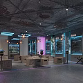 Modern Retail Display Space With Blue Purple Neon Lights Geometric Ceiling Industrial Style Wooden Tables And Shelves