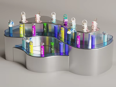 Colorful Cups with Hanging Ornaments on Silver Wavy Display Stand 3d model