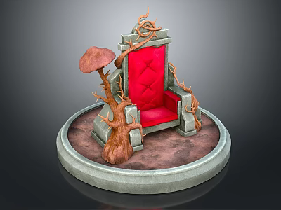 Red Cushioned Chair With Tree Root Decorations And Mushroom Accents On Circular Stone Platform Base 3d model