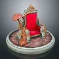 Red Cushioned Chair With Tree Root Decorations And Mushroom Accents On Circular Stone Platform Base