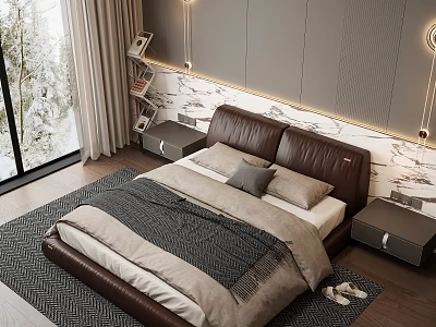 Modern Bedroom Interior With Leather Headboard Marble Accent Wall Large Window Area Rug And Nightstands 3d model