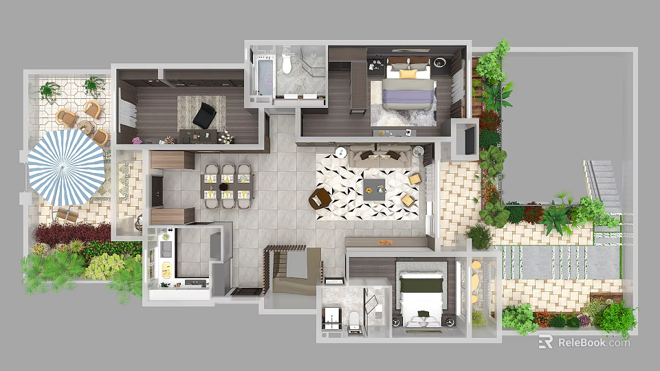 Aerial Planning of Residential Floor Plan With Rooms Furniture Balcony and Greenery Layout 3d model 