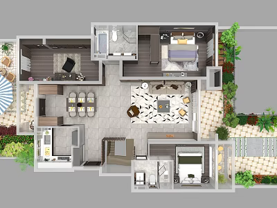 Aerial Planning of Residential Floor Plan With Rooms Furniture Balcony and Greenery Layout 3d model