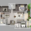 Aerial Planning of Residential Floor Plan With Rooms Furniture Balcony and Greenery Layout