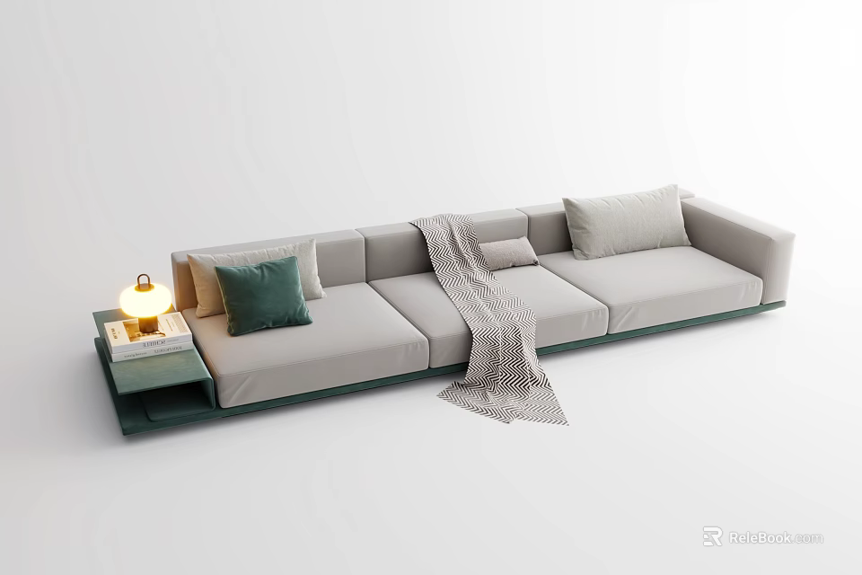 Gray Sectional Sofa With Multiple Cushions Throw Blanket Green Side Table Lamp And Books 3d model
