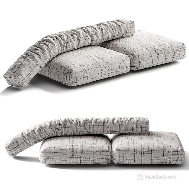 Modern Gray Plaid Two Seater Sofa With Curved Armrest And Soft Cushions 3d model 
