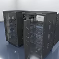 Black Server Rack With Glass Doors Internal Shelves And Wheels In Modern Data Center Room