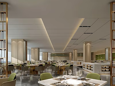 Modern Luxury Restaurant With Open Layout Marble Tables Green Chairs Gold Accents And Lighting Design 3d model