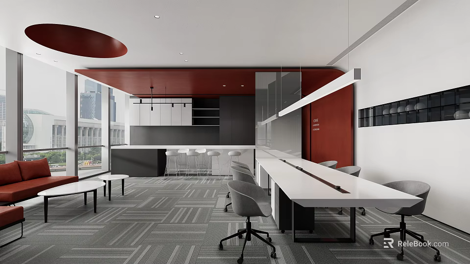 Modern Break Room Interior Design With White Long Table Gray Chairs And Red Cabinets 3d model