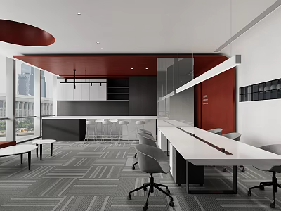 Modern Break Room Interior Design With White Long Table Gray Chairs And Red Cabinets 3d model