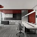 Modern Break Room Interior Design With White Long Table Gray Chairs And Red Cabinets 3d model