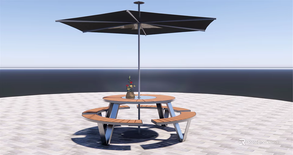 Outdoor Round Table With Benches And Large Black Umbrella On Paved Terrace 3d model 