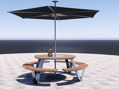 Outdoor Round Table With Benches And Large Black Umbrella On Paved Terrace 3d model
