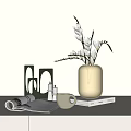 Decorative Ornaments Set Featuring Beige Vase White Flowers Black Geometric Decor Mug Books Magazine And Candles