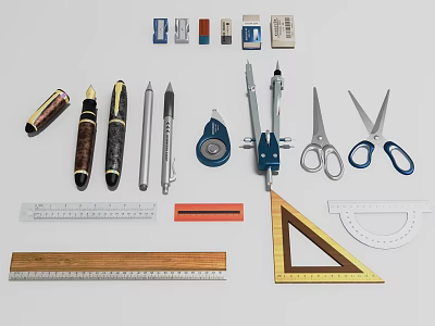 Essential Daily Stationery Supplies With Fountain Pens Pencils Rulers Compasses Scissors And Protractors 3d model