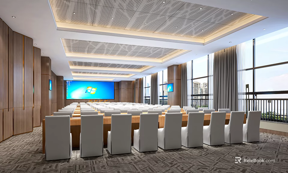 Modern Spacious Conference Room Interior With White Chairs Long Tables And Large Screen 3d model 