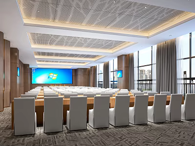 Modern Spacious Conference Room Interior With White Chairs Long Tables And Large Screen 3d model