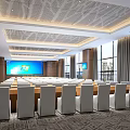 Modern Spacious Conference Room Interior With White Chairs Long Tables And Large Screen